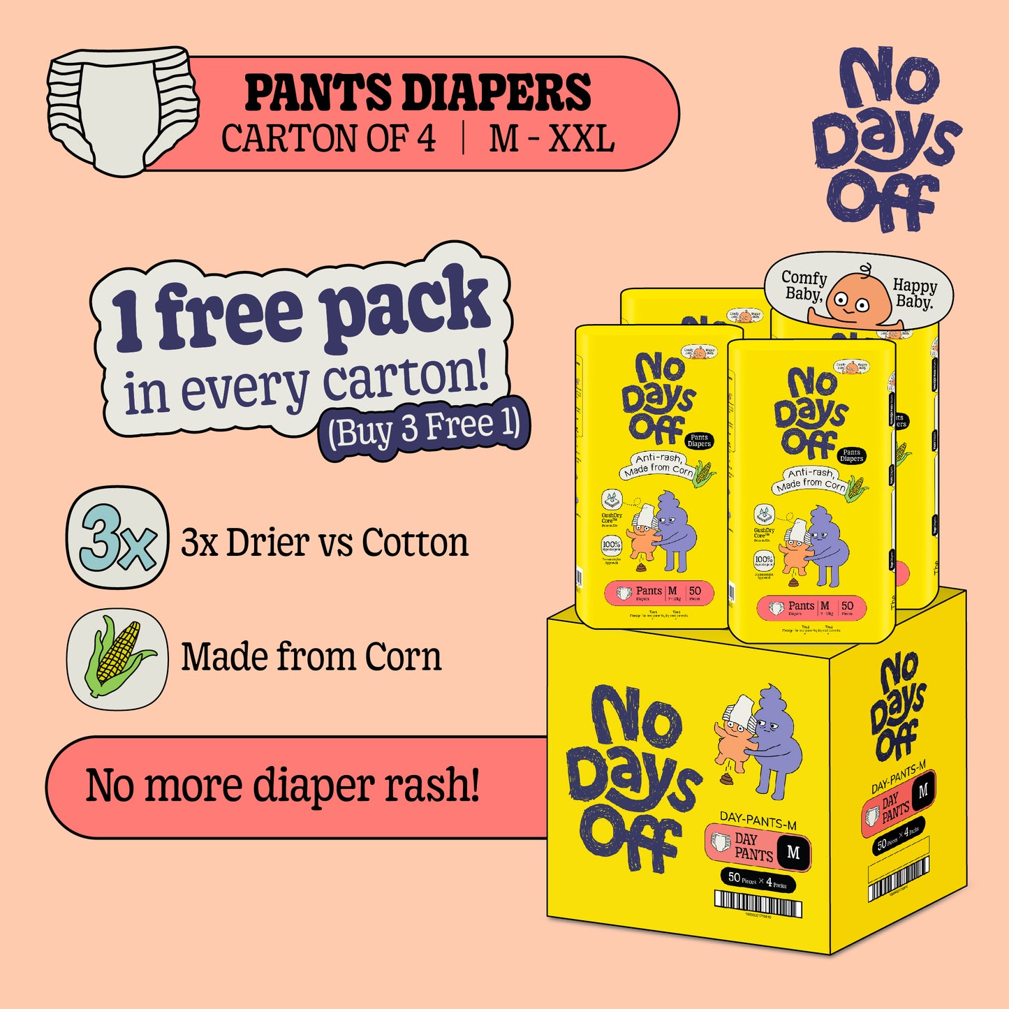 [Carton of 4] Anti-Rash Diaper Pants for Day 🌽☀️